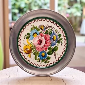 Vintage Ulmer Keramik Floral Plate with Pewter Rim Hand Painted German Folk Art